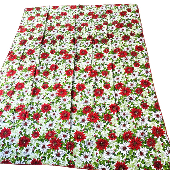 Vintage Christmas Tablecloth Cotton Blend Cloth Festive Red & White Poinsettias - Picture 1 of 8